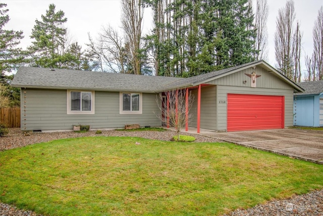 single story home featuring a front lawn and a garage