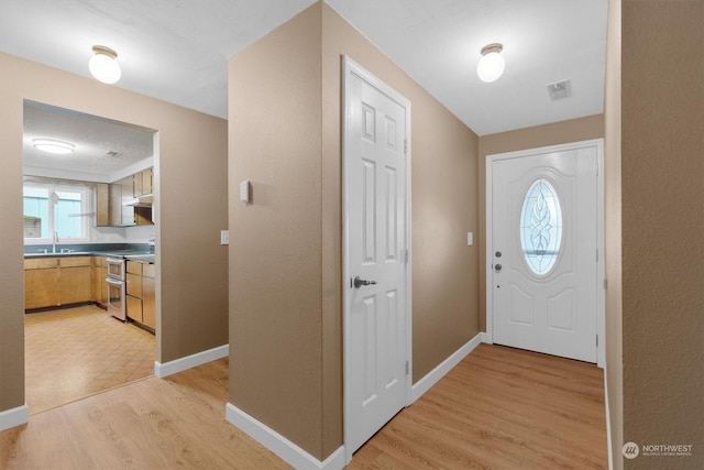 entrance foyer with sink and light hardwood / wood-style floors