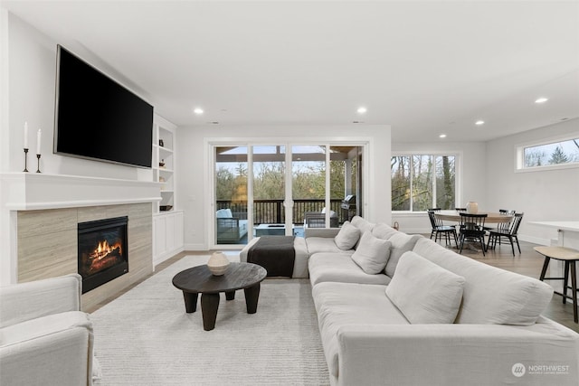 living room with hardwood / wood-style floors, built in shelves, and a fireplace