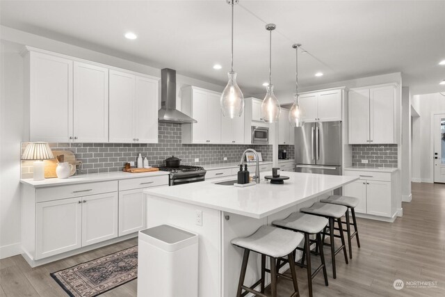 kitchen with white cabinetry, sink, wall chimney exhaust hood, an island with sink, and appliances with stainless steel finishes