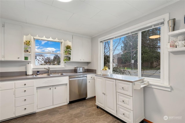 1207 W Pioneer, Puyallup, WA 98371 - kitchen with crown molding, dishwasher, white cabinets, and sink