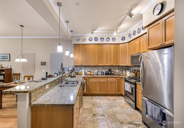 kitchen with kitchen peninsula, hanging light fixtures, stainless steel appliances, and sink