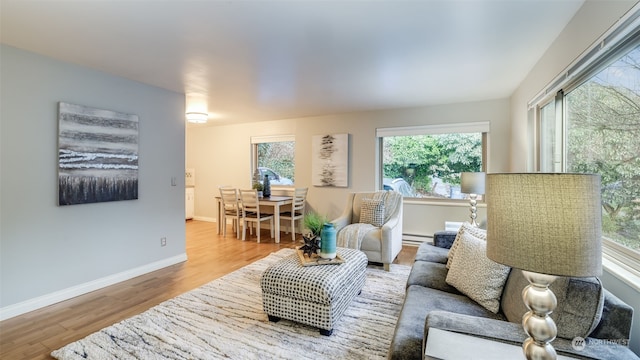 living room featuring light hardwood / wood-style floors and a baseboard radiator