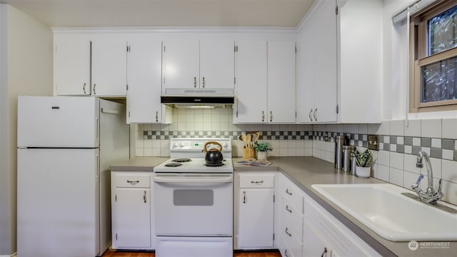 kitchen featuring white cabinets, white appliances, backsplash, and sink