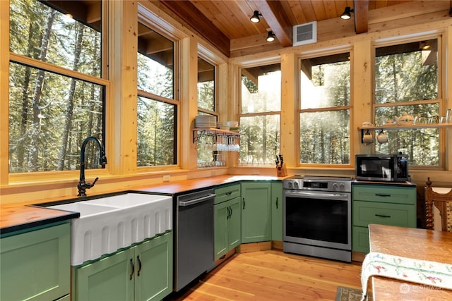 kitchen with beam ceiling, sink, wooden ceiling, stainless steel appliances, and green cabinetry