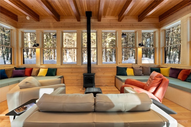 sunroom / solarium featuring beamed ceiling, a wood stove, and wooden ceiling