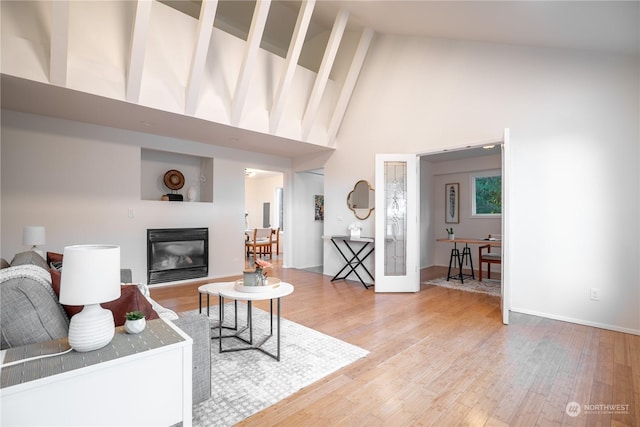 living room featuring hardwood / wood-style floors and high vaulted ceiling