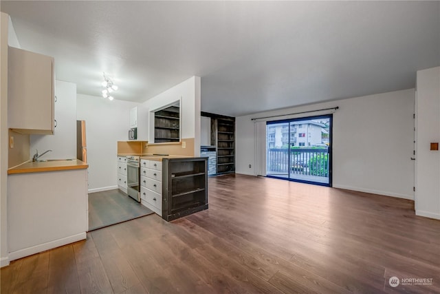 unfurnished living room with dark hardwood / wood-style floors and sink