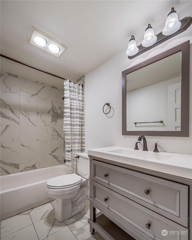 full bathroom with toilet, vanity, and shower / tub combo with curtain