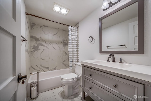 full bathroom with vanity, toilet, and shower / bath combo with shower curtain