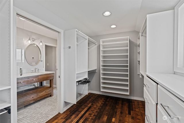 walk in closet with dark wood-type flooring and sink