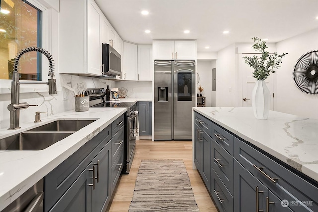 kitchen with appliances with stainless steel finishes, sink, white cabinetry, and light stone counters