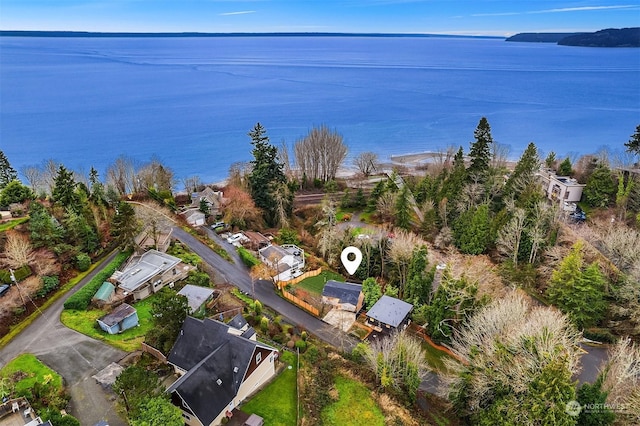 birds eye view of property featuring a water view