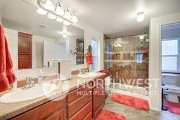 bathroom featuring vanity, toilet, and a shower