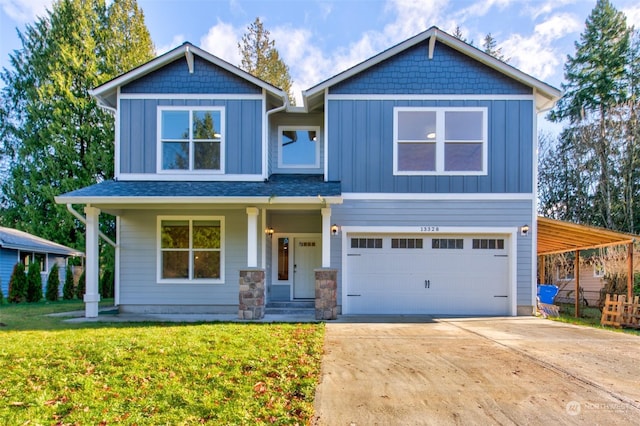 craftsman inspired home with a front yard, a garage, and covered porch