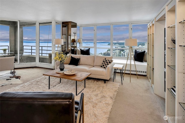 living room with carpet, a water view, and baseboard heating