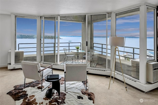 sunroom / solarium with a water view