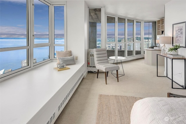 interior space with light carpet, a water view, and a wall of windows