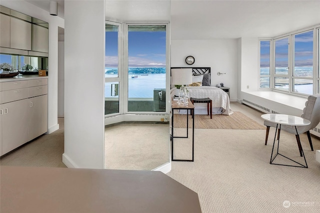 bedroom featuring light colored carpet and a water view