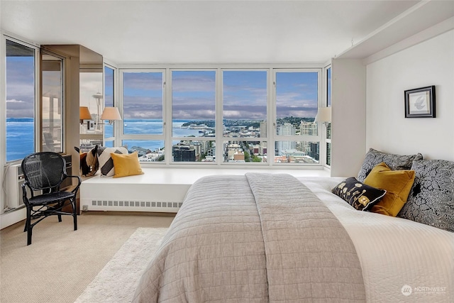 carpeted bedroom featuring floor to ceiling windows, a water view, and a baseboard radiator