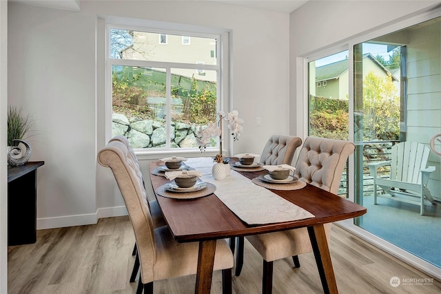 dining room featuring light wood-type flooring and baseboards