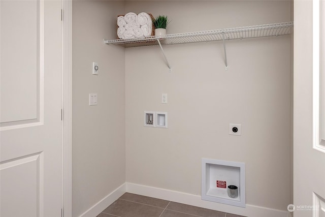 clothes washing area with dark tile patterned floors, laundry area, washer hookup, and hookup for an electric dryer