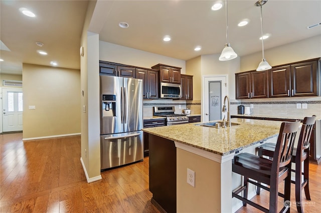 kitchen with backsplash, a center island with sink, stainless steel appliances, and hanging light fixtures