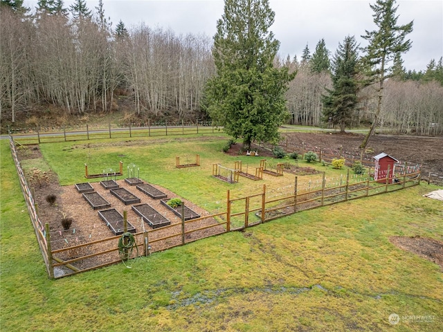 view of yard with a rural view and a storage shed