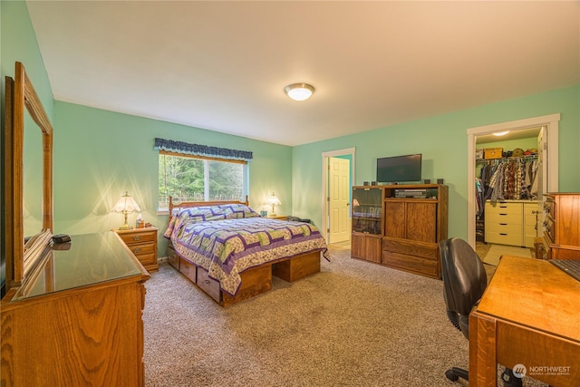 bedroom with light carpet, a spacious closet, and a closet