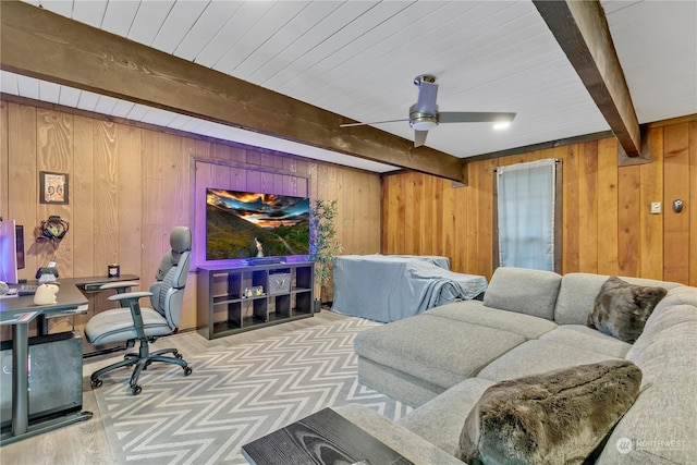 interior space featuring ceiling fan, beam ceiling, and wooden walls