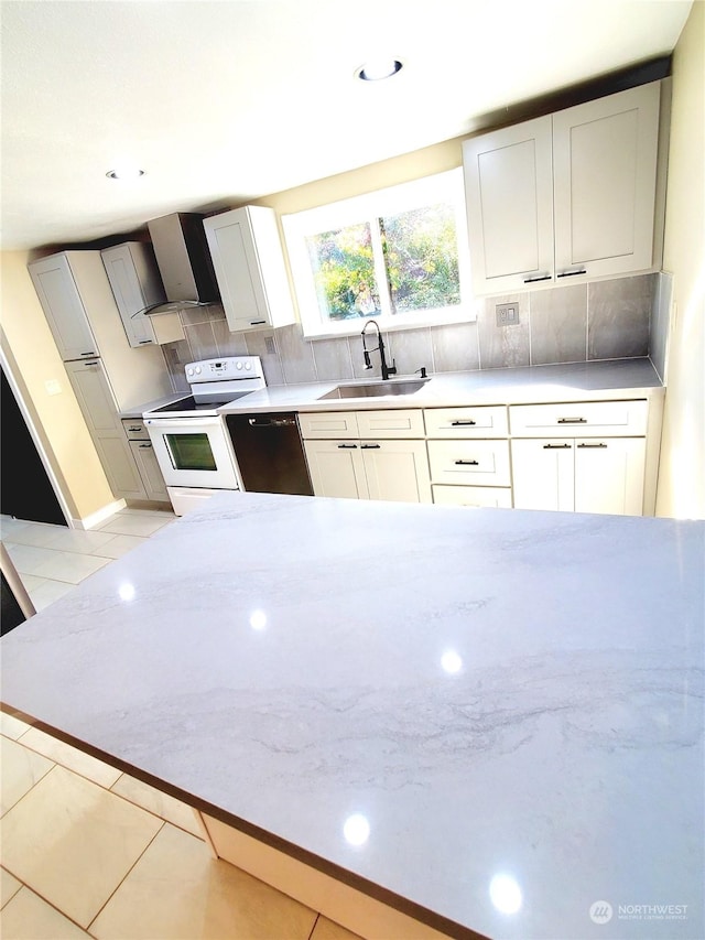 kitchen featuring white cabinetry, dishwasher, sink, white range with electric stovetop, and decorative backsplash