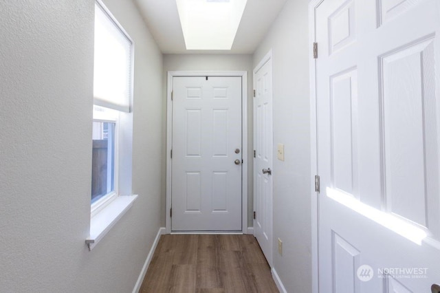 doorway featuring a skylight and dark hardwood / wood-style floors