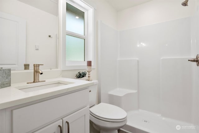 bathroom with vanity, toilet, and a shower