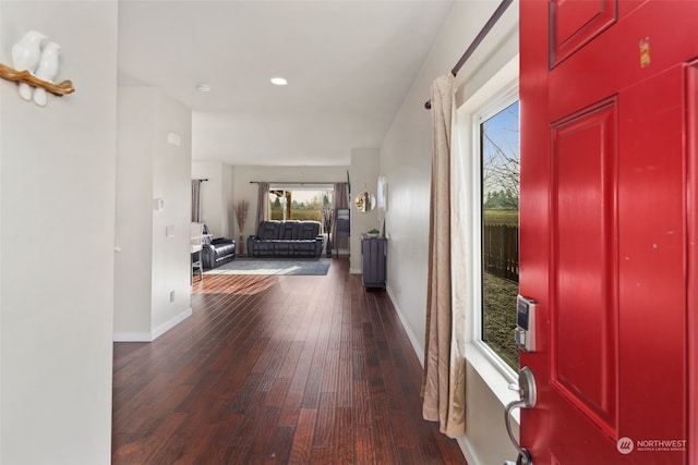 corridor featuring a healthy amount of sunlight and dark hardwood / wood-style floors