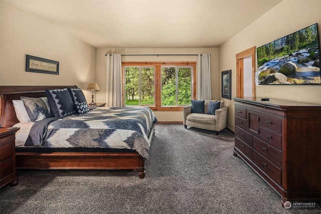 bedroom with dark carpet