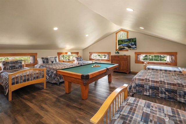 bedroom featuring pool table, dark hardwood / wood-style flooring, and lofted ceiling