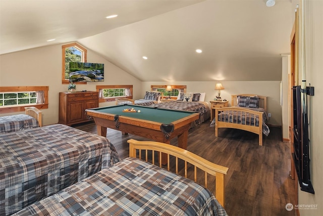 bedroom with dark hardwood / wood-style flooring, billiards, and lofted ceiling