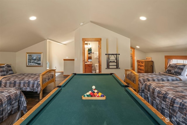 rec room featuring pool table, vaulted ceiling, and dark wood-type flooring