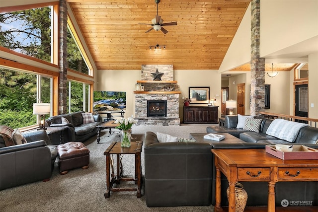 living room featuring high vaulted ceiling, carpet floors, and wooden ceiling