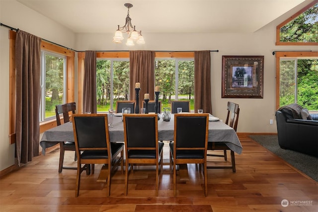 dining room with a notable chandelier and wood-type flooring