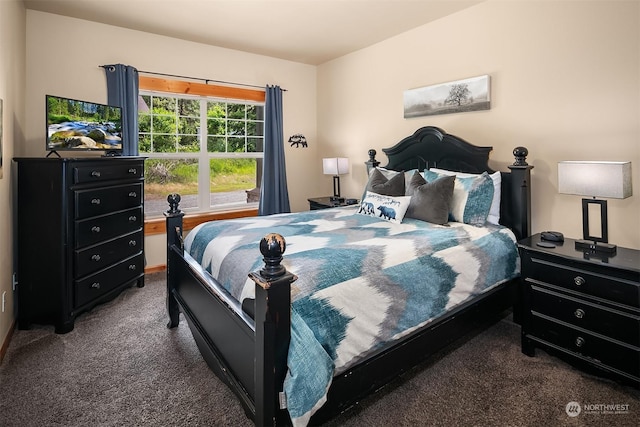 bedroom with dark colored carpet