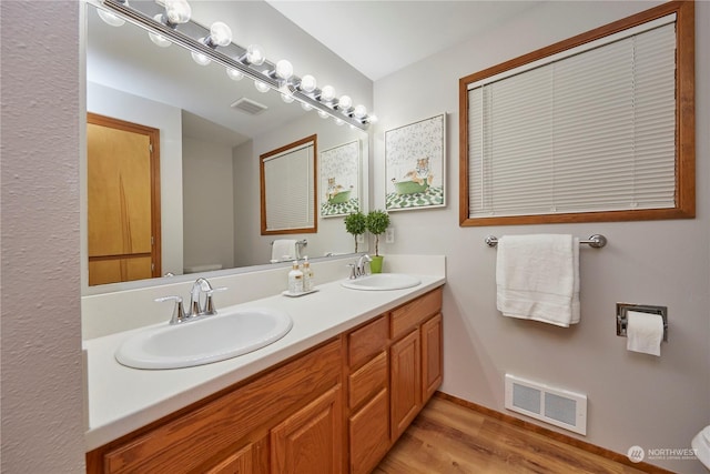 bathroom with hardwood / wood-style floors, vanity, and toilet