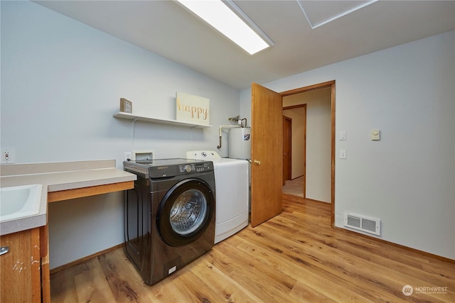 laundry area featuring separate washer and dryer, water heater, light hardwood / wood-style flooring, and sink