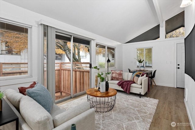 living room with hardwood / wood-style floors and lofted ceiling with beams