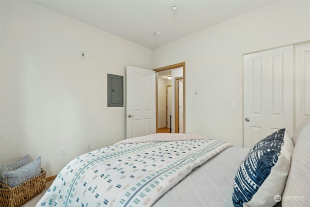 carpeted bedroom featuring electric panel and a closet