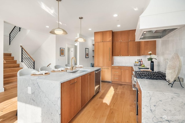 kitchen featuring an island with sink, light hardwood / wood-style floors, pendant lighting, custom exhaust hood, and appliances with stainless steel finishes