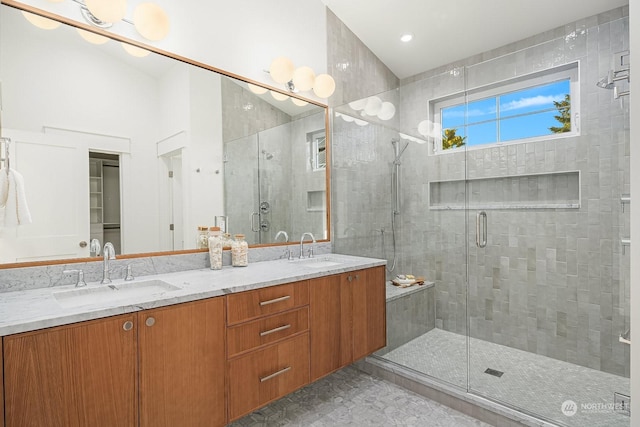 bathroom featuring vanity and a shower with shower door