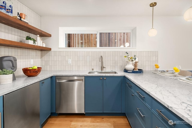 kitchen featuring blue cabinetry, dishwasher, backsplash, and sink