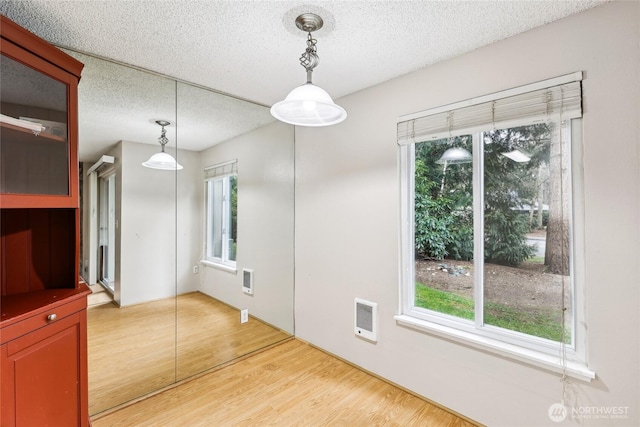 unfurnished dining area featuring wood-type flooring, plenty of natural light, and a textured ceiling