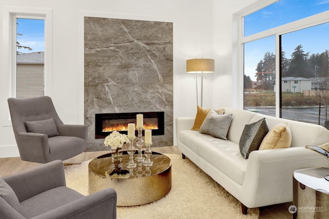 living room with hardwood / wood-style floors, a large fireplace, and a wealth of natural light